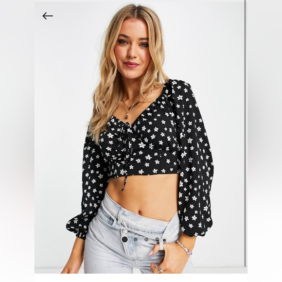 size 6 floral cropped blouse long sleeve black - Picture 1 of 7